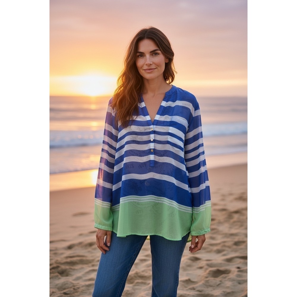 Apt 9 Blouse XL Blue White Stripe Sheer French Script Colorblock Green Roll Tab